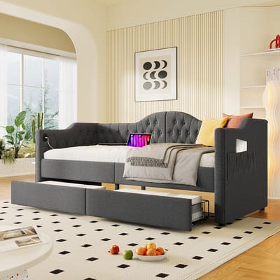 KOMHTOM Bedbanken Bedden 90x190 cm Eenpersoonsbedden met oplaadfunctie USB Type C en 2 laden grijs fluweel