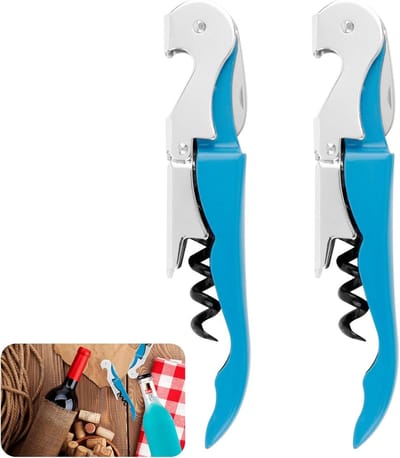 Allecto Plus - Kurkentrekker Wijnopener Kelner Flesopener | Sommelier Mes | Kelnerbestek | Kurktrekken met Foliesnijder | Wijnflesopener | Roestvrij Staal | Kelnermes voor Thuis, Bar, Restaurant | Blauw | Set van 2 Stuks