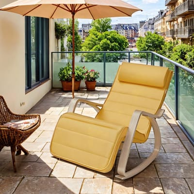 MAZAZU Verstelbare Houten Schommelstoel - Geel - Fauteuil met 5 Posities - 121,5x55x84 cm - Comfortabele Relaxstoel