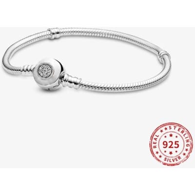 Bracelet en Argent Sterling 925 Zircon Rond Boucle Or Argent Compatible Charms Perles Pan Originales Bracelet Bijoux Femme 18cm argenté