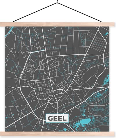 Posterhanger incl. Poster 40x40 cm - Schoolplaat - Stadskaart – Grijs - Kaart – Geel – België – Plattegrond - Textielposter - Blanke latten - Stadskaart