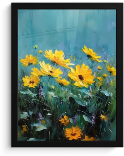 Poster in lijst - Fotolijst 30x40 cm - Posters - Penseelstreken - Bloemen - Felgeel - Abstract - Posterlijst zwart - Decoratie - Wanddecoratie woonkamer - Muurdecoratie slaapkamer