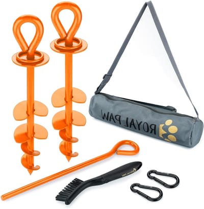 Heavy Duty Dog Tie Out Stake - Premium hondenanker voor grote hond, hondenspel voor tuin, hondenketting en hondenloper | Gebruik elke hondenstropdas of hondenriem (Medium/Large/XL, O2-Royal Orange (2-Pack))