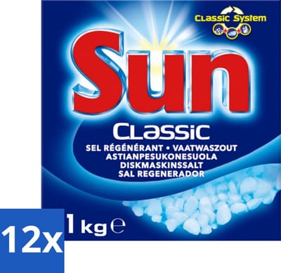12 x Sun Classic - Vaatwaszout - Klassiek Systeem - 1 kg - Vaatwaszout - Vaatwasser Schoonmaken - Kalkaanslag Voorkomen - Vaatwasser Onderhoud - Vaatwasser Zout