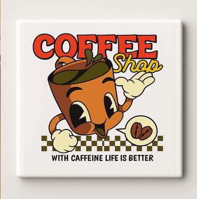 Coffee Shop Keramische Tegel 15x15 cm – Schattig Cartoon Koffiekopje Ontwerp – Leuke Retro Wanddecoratie & Perfect Cadeau voor Koffieliefhebbers