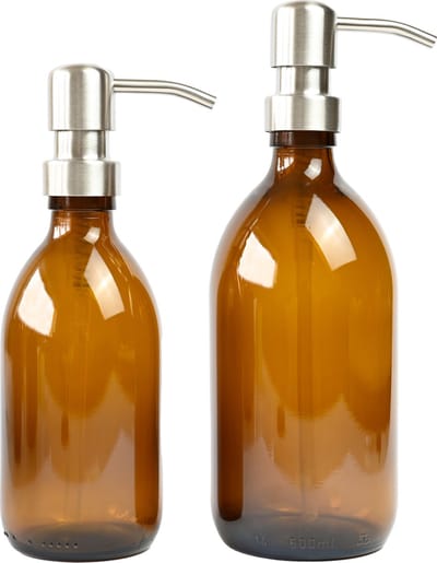 Groeikruid® Zeeppompjes Set | Zeepdispensers | Vrijstaand en Hervulbaar | 300 ml + 500 ml | Amber glas | RVS pompkop | Zilver