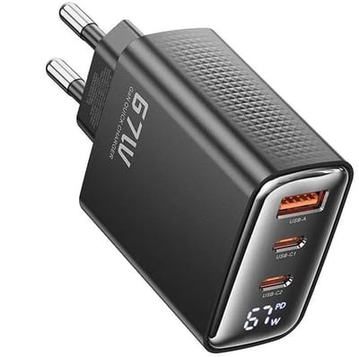 DrPhone HALOXVII 67W GaN Oplader – 3-Poorts USB-C + USB-A Snellader – Power Delivery 67W – Smart LED Watt Display – Laptop & Smartphone – Compacte Snellader met GaN+