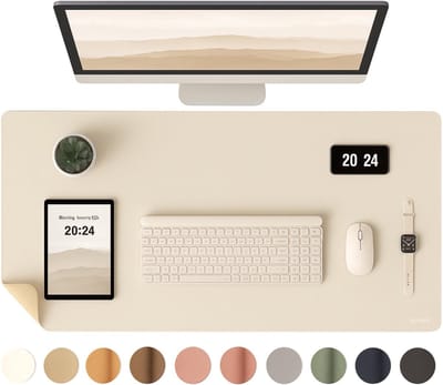 Sounix Dubbelzijdige Bureau Onderlegger - Bureaumat Kunstleer - 90x45 cm - Muismat XXL - Onderleggers - Bureau Organizer - Beige