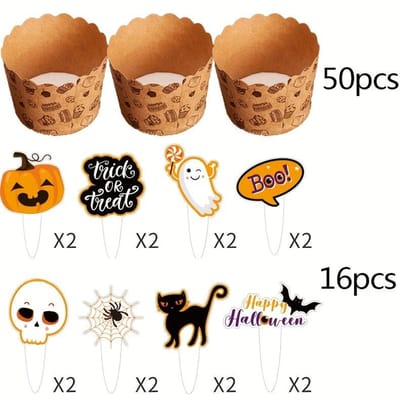 1 Ensemble de Toppers de Gâteau Halloween Cupcake Toppers Cartes d'Insertion pour Décoration de Fête et 50 Pièces de Godets à Gâteau. 1Set