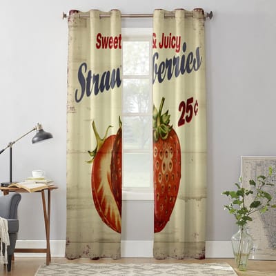 Fruit Aardbei Houtnerf Retro Ramen Gordijnen Woonkamer Slaapkamer Raambekleding Huishouden Keukengordijnen 135W x 60H(cm) x1 beige