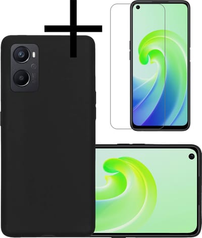 Hoesje - Met Screenprotector - Geschikt voor OPPO A76 - Sterk & Shockproof - Back Cover - Siliconen Case - Telefoon Hoes - Zwart