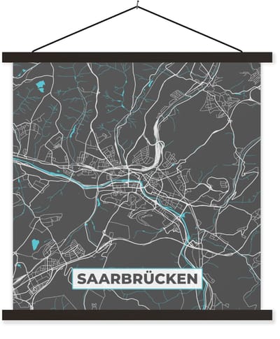 Posterhanger incl. Poster 60x60 cm - Schoolplaat - Blauw – Duitsland – Plattegrond – Stadskaart – Kaart – Saarbrücken - Textielposter - Zwarte latten - Stadskaart
