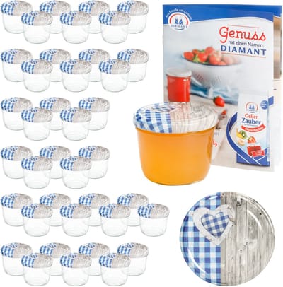 Ensemble de 40 verres à chute de 230 ml To 82 en bois, cœur bleu, couvercle inclus, avec le livret de recettes Diamant Gelierzauber
