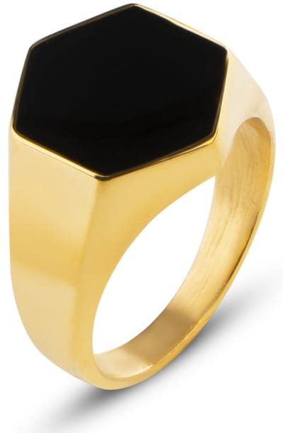 Zegelring Heren met Zwarte Steen - Zeshoekig - Goud Kleurig - Papa Cadeau Voor Mannen - Vaderdag