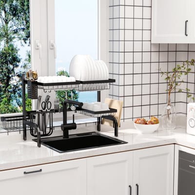 Afdruiprek 2-vaks afdruiprek met haak en afdruiprek van staal, zwart 51-93 cm voor keuken