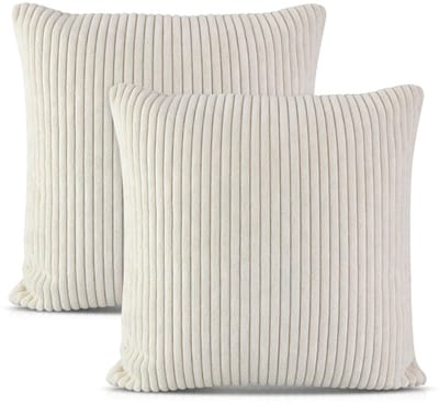 Dailygoods - Kussensloop, gestreept, 2 stuks, 45 x 45 cm, met verborgen ritssluiting, zacht corduroy, kussenovertrek, voor woonkamer, bank, slaapkamer, wit