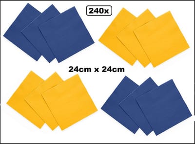 240x Servetten blauw en geel 24cm x 24cm - 3 laags - Cocktail servet diner eten knoeien restaurant BBQ thema feest verjaardag feest WK