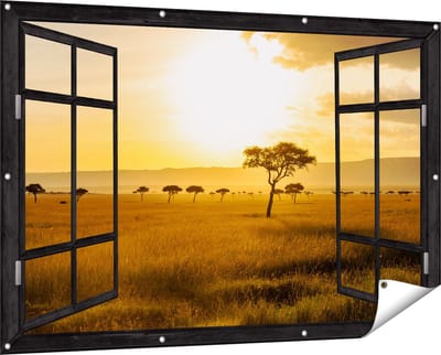 Gards Tuinposter Doorkijk Zonsondergang in de Savanne - 150x100 cm - Tuindoek - Tuindecoratie - Wanddecoratie buiten - Tuinschilderij
