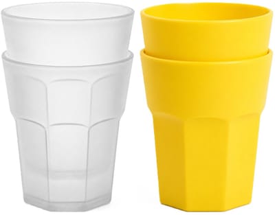Plasticforte onbreekbare drinkglazen - 8x stuks - kunststof/plastic - mix van twee kleuren - geel en transparant - 360 ml - 10 x 9 cm