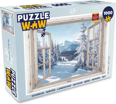 Puzzel Doorkijk - Winter - Landschap - Natuur - Berg - Bomen - Wit - Legpuzzel - Puzzel 1000 stukjes volwassenen