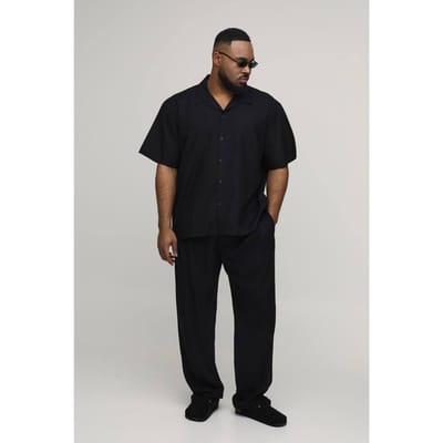 Plus Vakantie Linnen Blend Oversized Shirt & Ontspannen Broek Set | Black | Size 3XL