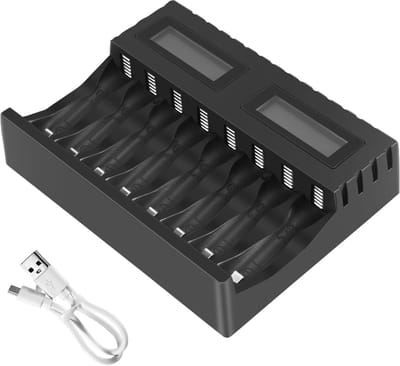 Batterij Oplader - Slimme Lader - Oplaadbare Batterijen - 8 Slots LCD - 122x92x33mm - Zwart