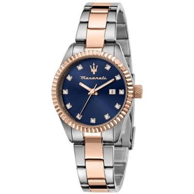 Maserati Competizione Kristallen Accenten Tweekleurig Roestvrij Staal Blauwe Wijzerplaat Quartz R8853100507 100M Dameshorloge blauw