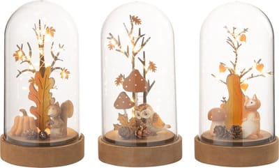 J-Line Decoratieve stolp Vos/Uil/Eekhoorn - hout/kunststof - naturel/oranje - 3 stuks - LED