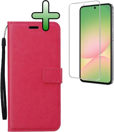 Hoesje Met Screenprotector - Geschikt voor Samsung Galaxy A56 - Luxe Pasjeshouder - Bookcase Portemonee - Flip Case - Kunstleer Book Case - Flipcase - Book Cover - Walletcase - Portemonneehoes - Donkerroze