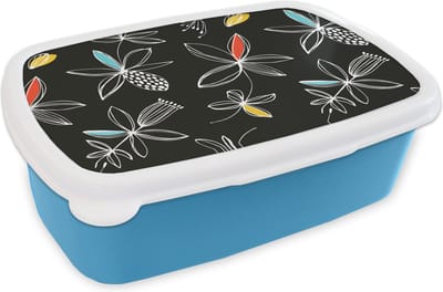 Broodtrommel Blauw - Lunchbox - Brooddoos - Bloemen - Line Art - Patronen - 18x12x6 cm - Kinderen - Jongen