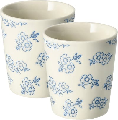 Koffiekopjes Set van 2 – Keramische Kopjes Zonder Oor – Blauw Witte Bloemenprint – Espresso Kopjes – Theekopjes – Koffiemokken Klein