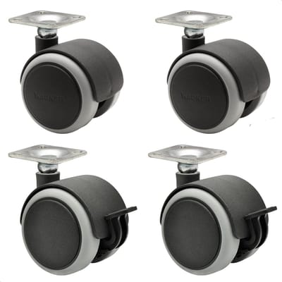 Meubelrollen/dubbele wielen 4-delige set - - diameter 50 mm - hoogte 65 mm - softloopvlak - schroefplaat 42 x 42 cm - 2 met vergrendeling - draagkracht 50 kg/rol