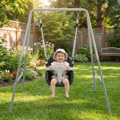AXI Enkele Metalen 2-in-1 Schommel in Groen/crème – Meegroeischommel - Vrijstaande schommelset met kunststof schommelzitje en babyzitje - Schommelset voor kinderen