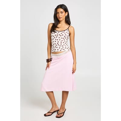 boohoo Dames Midi Rok Met Kanten Tailleband En Geweven Stof | Baby Pink | Maat: 10