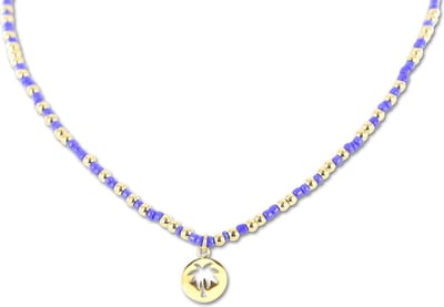 CO88 Collection 8CN-26305 Stalen Ketting met Kralen - Dames - Goudkleurig - 3 mm - Blauw - 2,5 mm - Palmboom - 10 mm - Lengte 70 + 7 cm