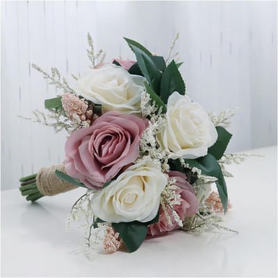 Kunstboeket - Zijden bloemen - Bruiloft decoratie - Handgemaakt ontwerp - 26 cm hoog - Roze