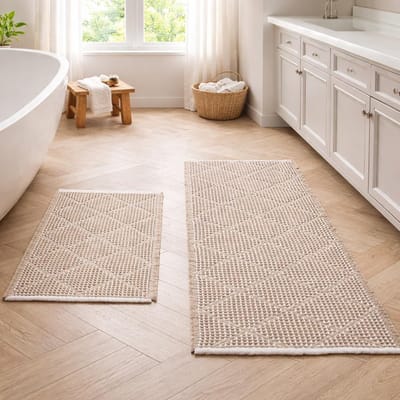 Badmatset, 2-delig, antislip, wasbaar, boho, badmat, ruitvormige badmat, douchemat voor badkamer, bijkeuken, woonkamer, slaapkamer (bruin)
