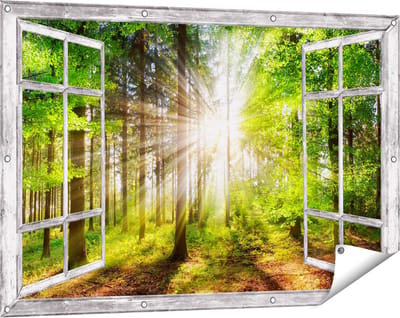 Gards Tuinposter Doorkijk Bos met Zon tussen de Bomen - 120x80 cm - Tuindoek - Tuindecoratie - Wanddecoratie buiten - Tuinschilderij