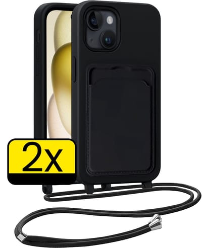 Hoesje Geschikt voor iPhone 14 Pro Max Telefoonhoesje Met Koord Case Pashouder Siliconen - Hoes Geschikt voor iPhone 14 Pro Max Hoesje Met Kaarthouder - Zwart - 2 Stuks