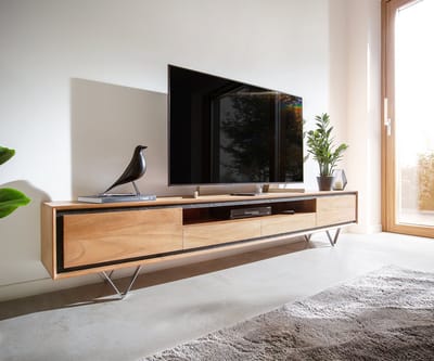 Lowboard Stonegrace 240 cm Acacia natuur 2 deuren 1 legplank 2 laden steenfineer V-voet