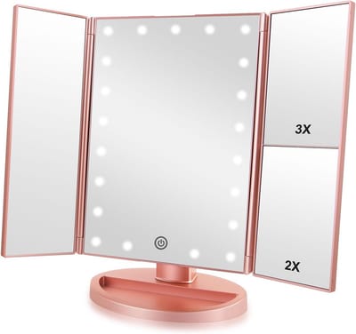 Drievoudige Verlichte Make-up Spiegel met Touchscreen en 180 Graden Rotatie