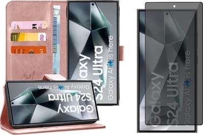 Hoesje geschikt voor Samsung Galaxy S24 Ultra - Privacy Screenprotector Volledig Dekkend Glas - Portemonnee Book Case Rosegoud