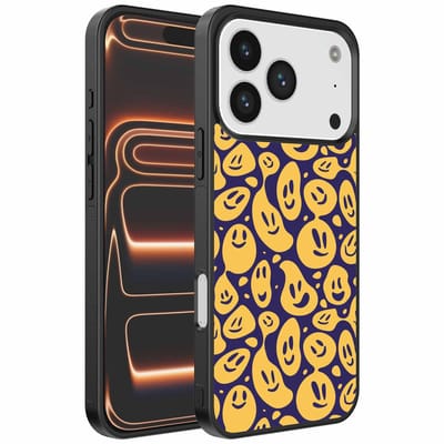 Geschikt voor iPhone 17 Pro Max Telefoonhoesje met smiley opdruk - TPU backcover case emoji design - Paars Geel - Smartphonica geschikt voor iPhone 17 Pro Max