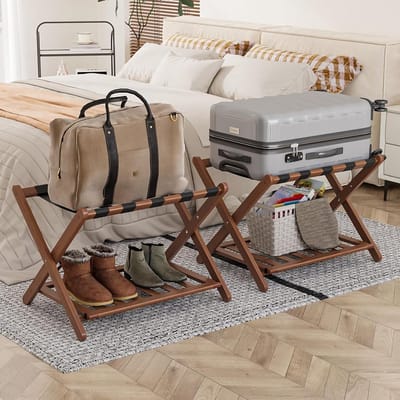 Opvouwbare Kofferstandaard - 26 inch Walnoot Bagagerek met Bamboe