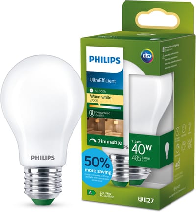 Philips UltraEfficient LED lamp - 40W - E27 fitting - Warmwit licht: 2700K - Dimbaar - Mat glas - A60 lampvorm - Lange levensduur