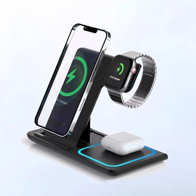carmdering - 3-In-1 Draadloze Oplader - Oplaadstation - Opvouwbaar Laadstation - Snelladen Voor iPhone - Compatibel Met Apple Watch - Duurzaam ABS Materiaal - Ruimtebesparend Ontwerp - Ideaal Voor Reizen En Thuis - 1 Stuk