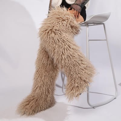 Dijenhoge Pluizige Laarzen Dames Vrouwen Winter Furry Faux Vossenbont Lange Warme Schoenen meisjes Nieuwe Designer Pluche Knielange Bontlaarzen 36 beige