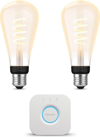 Philips Hue Starterspakket - E27 - met 2 Filament Edisonlampen Groot (ST72) - Warm tot Koelwit Licht - Incl. 1 Hue Bridge - Hue White Ambiance Filament