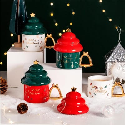 Creatieve Kerstboom Keramische Beker met Deksel Hooguitziend Kerstcadeau Schattig Meisje Stel Kantoor Middagthee Kop 310ml white