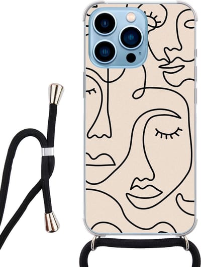 Hoesje met koord - Geschikt voor iPhone 13 Pro Max - Abstract faces - Verstelbaar zwart koord - Transparant, Beige - Print / Illustratie - Leuke Telefoonhoesjes